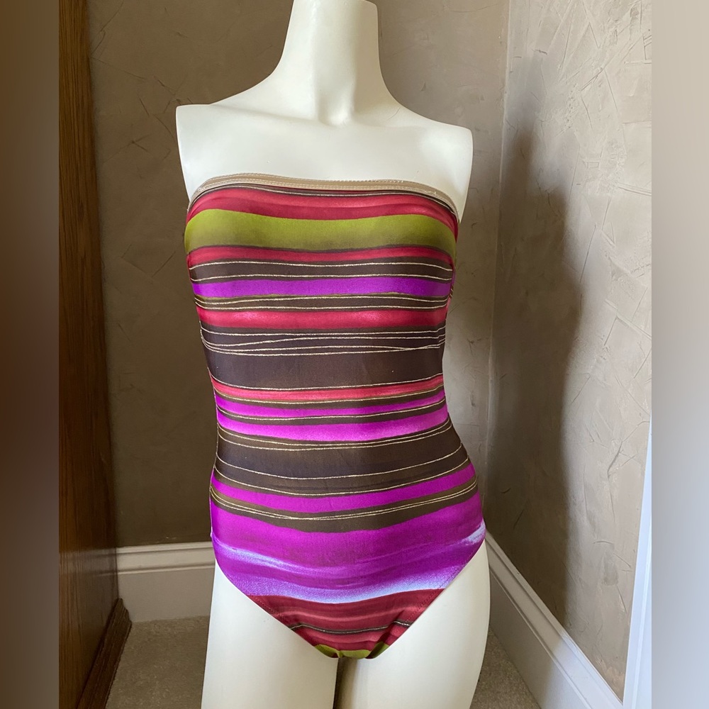 Gottex Metallic Striped One Piece Swimsuit Gold Purple Brown Women’s size 8